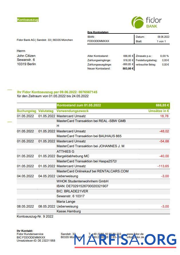 Realistic Germany Fidor bank statement example